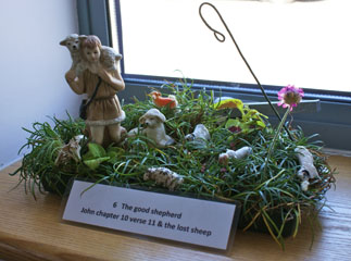 Photo 12  - Flower Festival Display 6 - The Good Shepherd: John 10 verse 11 and the lost sheep - arranged by Sylvia Fairbrass